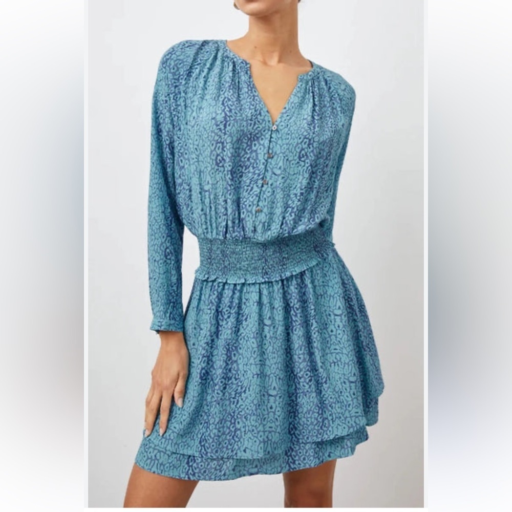 Rails Jasmine Mini Dress Jewel Blue Cheetah Print Elastic Waist VNeck Tiered Lg